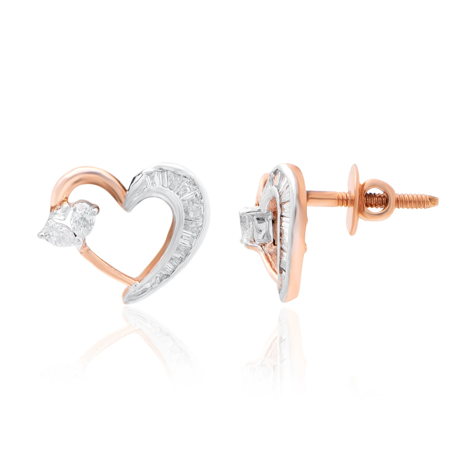Dual Tone Glitering Heart Shaped Diamond Stud Earrings